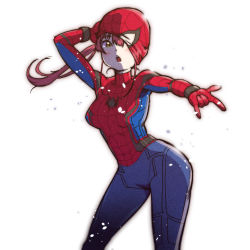Rule 34 | 1girl, \m/, blush, breasts, brown eyes, cosplay, floating hair, highres, hololive, houshou marine, marvel, marvel cinematic universe, mask, medium breasts, moto oji-san, one eye covered, open mouth, red hair, removing mask, solo, spider-man, spider-man: far from home, spider-man: homecoming, spider-man (cosplay), spider-man (series), virtual youtuber, white background