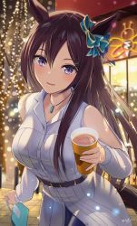 Rule 34 | 1girl, animal ears, black hair, breasts, casual, commentary request, cup, hair between eyes, hair ornament, highres, horse ears, horse girl, jewelry, long hair, looking at viewer, may9, medium breasts, mejiro dober (umamusume), necklace, night, open mouth, purple eyes, solo, umamusume