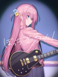 Rule 34 | 1girl, arm at side, black skirt, blue background, blue eyes, bocchi the rock!, commentary request, copyright name, cube hair ornament, expressionless, eyelashes, gotoh hitori, guitar, hair between eyes, hair ornament, highres, holding, holding instrument, indoors, instrument, jacket, kanaria hisagi, light blush, long hair, looking to the side, nose, one side up, pink hair, pink jacket, pleated skirt, shadow, sidelocks, simple background, skirt, solo, spotlight, standing, straight hair, very long hair