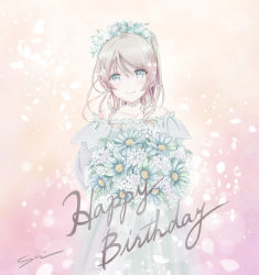 Rule 34 | 1girl, ayase eli, bare shoulders, blonde hair, blue eyes, blurry, bokeh, bouquet, commentary, depth of field, dress, english text, flower, frilled dress, frills, hair flower, hair ornament, happy birthday, holding, holding bouquet, light smile, lily (flower), love live!, love live! school idol project, multicolored background, off-shoulder dress, off shoulder, shino (shinderera), solo, white dress