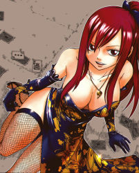 Rule 34 | 00s, 1girl, bare shoulders, breasts, chromatic aberration, cleavage, colorized, downblouse, dress, elbow gloves, erza scarlet, fairy tail, fishnet thighhighs, fishnets, gloves, high heels, jewelry, large breasts, long hair, mashima hiro, necklace, ponytail, red hair, shoes, solo, thighhighs