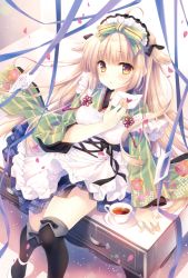 Rule 34 | 1girl, absurdres, ahoge, ankle boots, apron, arm support, black bow, black thighhighs, blue ribbon, blue skirt, blush, boots, bow, cup, envelope, fingernails, floral print, frilled apron, frills, green kimono, hair between eyes, hair bow, heart, highres, holding, holding envelope, japanese clothes, kimono, lace-trimmed apron, lace trim, letter, light brown hair, long sleeves, looking at viewer, love letter, maid, maid headdress, melonbooks, over-kneehighs, parted lips, pleated skirt, print kimono, ribbon, saucer, scan, short kimono, sitting, skirt, solo, striped bow, striped clothes, striped kimono, tatekawa mako, tea, teacup, thighhighs, two side up, wa maid, white apron, white footwear, wide sleeves, yellow eyes