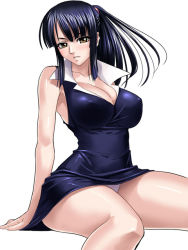 Rule 34 | 1girl, arm support, bare legs, bare shoulders, black hair, blush, breasts, cleavage, female focus, kagami hirotaka, legs, long hair, looking at viewer, nico robin, one piece, panties, pantyshot, parted lips, ponytail, sidelocks, simple background, sitting, solo, thighs, underwear, white background, yellow eyes