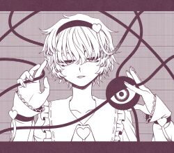 Rule 34 | 1girl, blouse, collarbone, commentary, eyebrows hidden by hair, fingernails, greyscale, hair between eyes, hair ornament, hairband, half-closed eyes, hands up, heart, heart hair ornament, holding, komeiji satori, long sleeves, looking at viewer, monochrome, parted lips, safe3133, shirt, short hair, solo, third eye, touhou, upper body