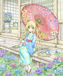 Rule 34 | 1girl, architecture, blonde hair, cat, commentary request, cup, east asian architecture, expressionless, fennel (flower knight girl), floral print, flower, flower knight girl, fusuma, green eyes, highres, holding, hydrangea, japanese clothes, kimono, leaf, long hair, looking at viewer, obi, oil-paper umbrella, plant, potted plant, rain, sandals, sash, sitting, sliding doors, solo, teacup, teapot, thick eyebrows, tray, twintails, umbrella, veranda, very long hair, ys (ytoskyoku-57), yukata