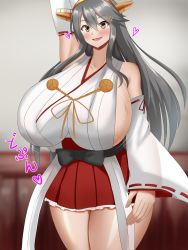 Rule 34 | 1girl, alternate breast size, arm behind head, azuua, blush, bouncing breasts, breasts, curvy, detached sleeves, gigantic breasts, grey hair, hair ornament, hairband, hakama, hakama short skirt, hakama skirt, haruna (kancolle), highres, huge breasts, japanese clothes, kantai collection, long hair, miko, motion lines, open mouth, sideboob, skirt, smile, solo, sweat, thick thighs, thighs, yellow eyes