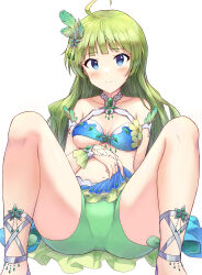 Rule 34 | 1girl, absurdres, ahoge, armband, bare shoulders, bikini, bikini top only, blue bikini, blue eyes, blue skirt, blush, bracelet, breasts, cleavage, closed mouth, clothes pull, collarbone, dot nose, feather hair ornament, feathers, gem, green gemstone, green hair, green shorts, hair ornament, highres, idolmaster, idolmaster million live!, idolmaster million live! theater days, jewelry, knees up, long hair, looking at viewer, medium breasts, midriff, navel, ring, shimabara elena, shoes, shorts, shorts under skirt, shuucream (syuichi), simple background, sitting, skirt, solo, spread legs, star (symbol), star hair ornament, swimsuit, underboob, white background
