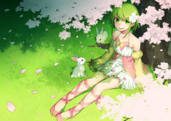 Rule 34 | 1girl, amarisu, ankle lace-up, bare shoulders, rabbit, cherry blossoms, cross-laced footwear, detached sleeves, dress, flower, grass, green eyes, green hair, hair flower, hair ornament, matching hair/eyes, original, petals, short hair, sitting, smile, solo, tree