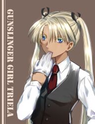 Rule 34 | 1girl, asymmetrical bangs, black ribbon, blonde hair, blue eyes, brown background, character name, collared shirt, colored eyelashes, commentary request, copyright name, cowboy shot, dark-skinned female, dark skin, dress shirt, formal, gloves, gunslinger girl, hair ribbon, highres, leoheart, long hair, long sleeves, looking at viewer, mouth hold, necktie, red necktie, removing glove, ribbon, shirt, simple background, solo, suit, triela, twintails, upper body, very long hair, vest, white gloves, white shirt, wing collar