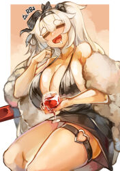 Rule 34 | 1girl, absurdres, alcohol, black bra, bra, breasts, character request, cleavage, closed eyes, cup, drinking glass, drooling, eyelashes, female focus, grin, head tilt, highres, huge breasts, larribee, last origin, legs, long hair, looking at viewer, open mouth, red eyes, sitting, skirt, smile, solo, standing, thick thighs, thighs, underwear, white hair, wide hips, wine, wine glass