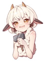 Rule 34 | 1girl, animal ears, bare shoulders, blush, brown eyes, cropped torso, drooling, eyebrows hidden by hair, hammer, heart, heart-shaped pupils, holding, holding hammer, horns, konbu (hida123), lamball, looking at viewer, mouth drool, open mouth, palworld, personification, sheep ears, sheep girl, sheep horns, simple background, smile, solo, symbol-shaped pupils, thick eyebrows, upper body, white background, white hair