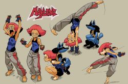 Rule 34 | 1girl, arms up, baggy pants, bandages, bare shoulders, barefoot, bodysuit, bodysuit under clothes, character name, creatures (company), evilstaplers, exercising, fingerless gloves, game freak, gen 4 pokemon, gloves, grey background, handstand, highres, kicking, lifting person, lucario, maylene (pokemon), multiple views, nintendo, open mouth, pants, pink eyes, pink hair, pokemon, pokemon (creature), pokemon dppt, short hair, shouting, squatting, sweat