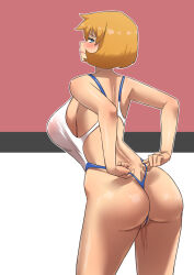 Rule 34 | 1girl, akai melon, ass, back, blush, breasts, cleft of venus, competition swimsuit, cowboy shot, creatures (company), embarrassed, eyelashes, female focus, game freak, gen 1 pokemon, green eyes, gym leader, hair between eyes, highres, holding, huge ass, huge breasts, large breasts, legs, looking at viewer, looking back, misty (pokemon), nintendo, one-piece swimsuit, orange hair, pokemon, pokemon hgss, pussy, pussy juice, short hair, simple background, solo, standing, swimsuit, thick thighs, thighs, white one-piece swimsuit