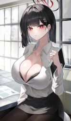 Rule 34 | 1girl, absurdres, black bra, black hair, black pantyhose, black skirt, blue archive, blush, bra, bra peek, breasts, bright pupils, cleavage, closed mouth, collared shirt, commentary, dress shirt, expressionless, hair ornament, hairclip, halo, hand up, highres, holding, holding tablet pc, indoors, jaduade, large breasts, long sleeves, looking at viewer, pantyhose, paper, pencil skirt, red eyes, rio (blue archive), shirt, shirt tucked in, short hair, sitting, skirt, solo, tablet pc, underwear, white pupils, white shirt