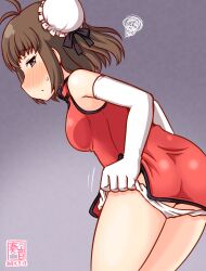 Rule 34 | 1girl, antenna hair, artist logo, blush, brown eyes, brown hair, bun cover, china dress, chinese clothes, commentary request, dated, double bun, dress, elbow gloves, gloves, gradient background, grey background, hair bun, kanon (kurogane knights), kantai collection, looking at viewer, looking back, naka (kancolle), nose blush, one-hour drawing challenge, panties, red dress, short hair, solo, squiggle, underwear, undressing, white gloves, white panties