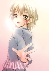 Rule 34 | 10s, 1girl, bad id, bad pixiv id, blush, brown eyes, brown hair, flower, hair flower, hair ornament, hanasaku iroha, hood, hoodie, looking back, matsumae ohana, open mouth, outstretched arm, smile, solo, uraomote