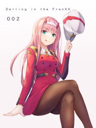 Rule 34 | 10s, 1girl, :q, arm at side, blue eyes, blunt bangs, blush, breasts, brown pantyhose, character name, closed mouth, copyright name, crossed legs, darling in the franxx, feet out of frame, gradient background, grey background, hairband, hat, highres, holding, holding clothes, holding hat, horns, htt (peaceskl), invisible chair, long hair, long sleeves, medium breasts, military, military uniform, pantyhose, sitting, smile, solo, tongue, tongue out, uniform, unworn hat, unworn headwear, v-shaped eyebrows, very long hair, white hairband, white hat, zero two (darling in the franxx)