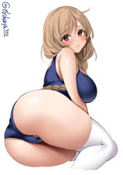 Rule 34 | 1girl, ass, ass focus, back, blue one-piece swimsuit, blush, braid, breasts, brown eyes, ebifurya, highres, kantai collection, large breasts, legs, light brown hair, long hair, looking at viewer, looking back, minegumo (kancolle), old school swimsuit, one-hour drawing challenge, one-piece swimsuit, partially visible vulva, school swimsuit, solo, swimsuit, thighhighs, thighs, twin braids, twitter username, white background, white thighhighs