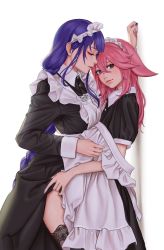 Rule 34 | 2girls, animal ears, apron, black legwear, braid, closed mouth, clothes lift, floppy ears, fox ears, genshin impact, highres, leaning forward, lips, long hair, looking at another, looking to the side, low-braided long hair, low-tied long hair, maid, maid apron, maid headdress, multiple girls, nail polish, parted lips, pink hair, purple hair, purple nails, quilm, raiden shogun, simple background, thighhighs, white apron, white background, yae miko, yuri