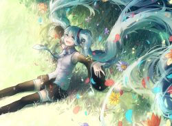Rule 34 | 1girl, absurdly long hair, bad id, bad pixiv id, detached sleeves, domik, floating hair, flower, grass, green eyes, green hair, hatsune miku, long hair, matching hair/eyes, necktie, open mouth, outstretched arms, petals, sitting, skirt, solo, spread arms, thighhighs, twintails, very long hair, vocaloid