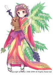 Rule 34 | 1girl, black hair, bow, candle, flower knight girl, full body, hair ornament, haze (flower knight girl), japanese clothes, kimono, leaf hair ornament, looking at viewer, multicolored clothes, name connection, object namesake, official art, print kimono, purple bow, red eyes, red kimono, short hair, smile, solo, staff, standing, usashiro mani, waist bow, yukata