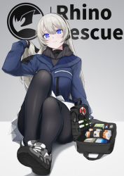 Rule 34 | 1girl, absurdres, android, antennae, arm support, blue coat, blue eyes, blurry, breasts, closed mouth, coat, depth of field, first aid kit, foreshortening, gloves, glowing, glowing eyes, hair between eyes, hand in own hair, head tilt, headset, highres, hood, hooded coat, knees up, long hair, looking at viewer, medium breasts, miniskirt, mr.blackcat666, original, pantyhose, shoes, simple background, sitting, skirt, sneakers, solo