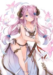 Rule 34 | 10s, 1girl, bare arms, bare shoulders, bikini, blue eyes, breasts, cleavage, draph, front-tie top, granblue fantasy, hair over one eye, horns, katana, large breasts, leaning forward, light purple hair, light smile, long hair, looking at viewer, low twintails, narmaya (granblue fantasy), narmaya (summer) (granblue fantasy), solo, swimsuit, sword, thigh strap, thighs, twintails, very long hair, wataame27, weapon, white bikini