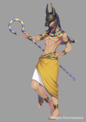Rule 34 | 1boy, barefoot, commentary request, dark-skinned male, dark skin, egyptian, egyptian clothes, full body, grey background, hand on own hip, highres, holding, holding staff, male focus, navel, official art, original, pharaoh, simple background, skirt, solo, staff, standing, tagme, takamiya ren, white skirt, yellow skirt