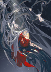 Rule 34 | 1girl, absurdly long hair, absurdres, arknights, barefoot, black ribbon, closed eyes, closed mouth, dress, eyelashes, facing viewer, floating hair, frilled sleeves, frills, full body, grey hair, hair between eyes, hair ornament, highres, holding, holding star, jellyfish, leg ribbon, long hair, long sleeves, lubusi, red dress, ribbon, skadi (arknights), skadi the corrupting heart (arknights), sky, solo, star (sky), star (symbol), starry sky, very long hair, wide sleeves