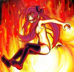 Rule 34 | 00s, bad id, bad pixiv id, element bender, fire, hiiragi kagami, kouotsu, long hair, lucky star, one-piece swimsuit, school swimsuit, solo, swimsuit, thighhighs, twintails