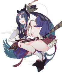 Rule 34 | 1girl, armor, black hair, blue eyes, breast curtains, breasts, detached sleeves, fate/grand order, fate (series), feathers, gloves, hat, holding, holding sword, holding weapon, japanese armor, katagiri (mighty swing), kusazuri, long hair, looking at viewer, medium breasts, midriff, open mouth, parted bangs, sheath, sheathed, shoes, side ponytail, single glove, smile, socks, solo, squatting, sword, tassel, tate eboshi, ushiwakamaru (fate), very long hair, weapon, white background, white socks