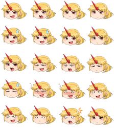 Rule 34 | 1girl, :d, ^^^, absurdres, bad id, bad pixiv id, blonde hair, blush, disembodied head, expressions, fang, female focus, frown, highres, horns, hoshiguma yuugi, kyosu, looking at viewer, looking away, o o, open mouth, red eyes, single horn, smile, star (symbol), sweatdrop, touhou, transparent background, upper body, yukkuri shiteitte ne