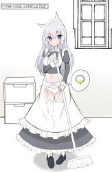 Rule 34 | 1girl, absurdres, animal ears, apron, black bow, black bowtie, black dress, black footwear, bladder, blue eyes, blush, bow, bow panties, bowtie, breasts, broom, buttons, cameltoe, closed mouth, collared shirt, dress, english text, female focus, fox ears, fox girl, frilled apron, frilled shirt, frills, full body, garter belt, gluteal fold, grey hair, hand up, happy, have to pee, highres, holding, holding broom, indoors, juliet sleeves, knees together feet apart, long hair, long sleeves, looking at viewer, maid, maid apron, maid headdress, medium breasts, navel, original, panties, panties over garter belt, partially colored, pee, puffy sleeves, shirt, shoes, smile, solo, speech bubble, standing, stomach, thigh gap, thighhighs, toya12011, underwear, urine meter, white apron, white panties, white shirt, white thighhighs, window, x-ray