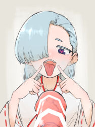 Rule 34 | 1girl, absurdres, animal penis, blue hair, blush, censored, futa with female, futanari, heart, heart-shaped pupils, heavy breathing, highres, horse penis, huge penis, japanese clothes, kimono, open mouth, penis, solo focus, symbol-shaped pupils, tongue, tongue out