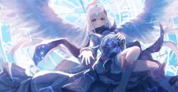 Rule 34 | 1girl, angel, blue scarf, bright pupils, constellation, crystal ball, feathered wings, genshin impact, grey eyes, halo, highres, jacket, large wings, long hair, long sleeves, looking at viewer, magic circle, paimon (genshin impact), parted lips, reaching, reaching towards viewer, scarf, sealgege, signature, solo, thighhighs, white hair, white jacket, white pupils, white thighhighs, white wings, wings