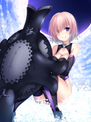 Rule 34 | 1girl, bare shoulders, black footwear, black leotard, black thighhighs, blue sky, boots, breasts, cleavage, cleavage cutout, closed mouth, clothing cutout, cloud, cloudy sky, collarbone, day, detached sleeves, eyes visible through hair, fate/grand order, fate (series), glint, grass, hair over one eye, head tilt, highres, knees up, leotard, looking at viewer, mash kyrielight, medium breasts, nano (syoutamho), outdoors, pink hair, purple eyes, purple thighhighs, shield, short hair, silhouette, sitting, sky, smile, solo, striped clothes, striped thighhighs, thighhighs