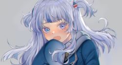 Rule 34 | 1girl, :o, blue eyes, blue hair, blunt bangs, blush, commentary, english commentary, gawr gura, grey background, hair ornament, hairclip, highres, hololive, hololive english, long hair, long sleeves, looking at viewer, multicolored hair, open mouth, savi (byakushimc), sharp teeth, silver hair, simple background, sleeves past fingers, sleeves past wrists, solo, streaked hair, teeth, twitter username, two-tone hair, two side up, virtual youtuber, wide sleeves