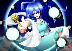 Rule 34 | 1girl, absurdres, aqua dress, artist name, blue background, blue eyes, blue hair, blush, breasts, commentary request, danmaku, dress, energy ball, eyelashes, fingernails, floating, flower, frilled dress, frills, hagoromo, hair ornament, hair rings, hair stick, highres, holding, kaku seiga, large breasts, looking at viewer, medium hair, ofuda, open mouth, pink flower, pointing, pointing at viewer, rina sukareltuto, shawl, signature, solo, touhou, twitter username, vest, water, white vest, wing collar