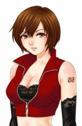 Rule 34 | 1girl, bad id, bad pixiv id, breasts, brown hair, cleavage, elbow gloves, female focus, gloves, hamura mayu, large breasts, meiko (vocaloid), short hair, simple background, solo, vocaloid