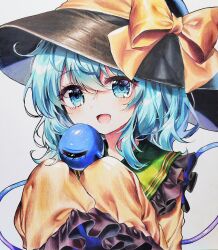 Rule 34 | 1girl, :d, absurdres, black hat, blush, bow, commentary request, crossed bangs, eyelashes, frilled shirt collar, frilled sleeves, frills, green eyes, green hair, hair between eyes, hands up, happy, hat, hat bow, highres, holding eyeball, komeiji koishi, looking at viewer, medium hair, open mouth, photo (medium), pudding (skymint 028), shirt, simple background, sleeves past fingers, sleeves past wrists, smile, solo, third eye, touhou, traditional media, upper body, wavy hair, white background, wide sleeves, yellow bow, yellow shirt