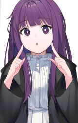 Rule 34 | 1girl, aroa (aroamoyasi), black coat, blunt bangs, coat, commentary request, cut bangs, dress, fern (sousou no frieren), highres, long hair, looking at viewer, open mouth, purple eyes, purple hair, simple background, solo, sousou no frieren, straight hair, white background, white dress