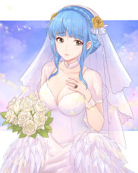 Rule 34 | 1girl, absurdres, alternate costume, blue hair, bouquet, braid, breasts, bridal veil, brown eyes, cleavage, commentary, commission, crown braid, dress, english commentary, female focus, fire emblem, fire emblem: three houses, flower, highres, holding, holding bouquet, jewelry, large breasts, marianne von edmund, nintendo, ring, rose, solo, truejekart, veil, wedding dress, wedding ring, white flower, white rose