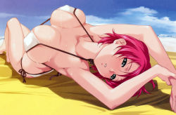 Rule 34 | 00s, 1girl, absurdres, arched back, armpits, arms up, bare shoulders, beach, bikini, breasts, collarbone, covered erect nipples, green eyes, grey eyes, happoubi jin, highres, iihara nao, large breasts, looking at viewer, lying, on back, pink hair, resort boin, scan, short hair, side-tie bikini bottom, solo, sweat, swimsuit, white bikini