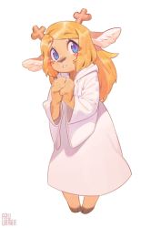 Rule 34 | 1girl, animal ears, antlers, blonde hair, blue eyes, deer antlers, deer ears, deer girl, deltarune, dress, freckles, full body, furry, furry female, highres, hooded dress, hooves, horns, inuki (aruurara), long hair, looking to the side, noelle holiday, own hands together, robe, signature, simple background, solo, standing, white background, white dress, wide sleeves