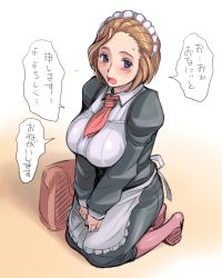 Rule 34 | 1girl, apron, blue eyes, blush, breasts, brown hair, dress, female focus, hair slicked back, juliet sleeves, kneeling, large breasts, long sleeves, maid, maid apron, maid headdress, necktie, open mouth, original, pantyhose, puffy sleeves, short hair, solo, translation request, tsuda nanafushi
