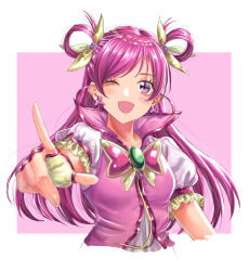 Rule 34 | 1girl, ;d, absurdres, brooch, butterfly brooch, cropped torso, cure dream, earrings, fingerless gloves, foreshortening, frilled sleeves, frills, gloves, hair ribbon, hair rings, highres, jacket, jewelry, long hair, looking at viewer, magical girl, one eye closed, open mouth, pink background, pink eyes, pink hair, pink jacket, pointing, pointing at viewer, precure, puffy short sleeves, puffy sleeves, ribbon, sakana sakanama, short sleeves, smile, solo, two side up, upper body, yellow gloves, yellow ribbon, yes! precure 5, yes! precure 5 gogo!