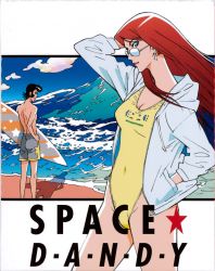Rule 34 | 10s, 1boy, 1girl, cover, dandy (space dandy), earrings, glasses, hands in pockets, highres, jacket, jewelry, long hair, official art, one-piece swimsuit, red hair, scarlet (space dandy), space dandy, surfboard, swimsuit