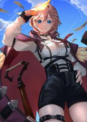 Rule 34 | 1girl, absurdres, bad id, bad pixiv id, blue eyes, cane, cape, cloud, corset, dress shirt, dutch angle, feathers, fingerless gloves, from above, gloves, high-waist shorts, highres, hololive, hp2, pink hair, shirt, short hair, shorts, skindentation, sky, smile, solo, sunglasses, takane lui, takane lui (1st costume), virtual youtuber, zipper