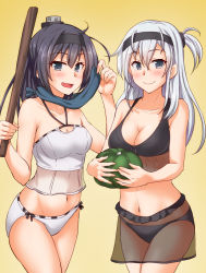 Rule 34 | 2girls, :d, ahoge, akizuki (kancolle), alternate costume, anti (untea9), ass, bare shoulders, bikini, black bikini, black hair, black headband, blue scarf, breasts, cleavage, commentary request, cowboy shot, food, gradient background, grey eyes, hachimaki, hair between eyes, headband, highres, holding, holding food, holding stick, kantai collection, large breasts, long hair, looking at viewer, medium breasts, midriff, multiple girls, navel, one side up, open mouth, ponytail, pumpkin, scarf, silver hair, simple background, smile, stick, suzutsuki (kancolle), swimsuit, white bikini, yellow background