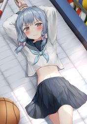 Rule 34 | 1girl, absurdres, arms up, ball, basketball, basketball (object), black sailor collar, black skirt, blue hair, blue neckerchief, blush, bound, bound wrists, bow, brown eyes, commentary request, crop top, gym storeroom, hair bow, highres, indoors, long hair, long sleeves, looking at viewer, lying, midriff, navel, neckerchief, nedia (nedia region), on back, original, pink bow, pleated skirt, sailor collar, shirt, skirt, solo, volleyball, volleyball (object), white shirt
